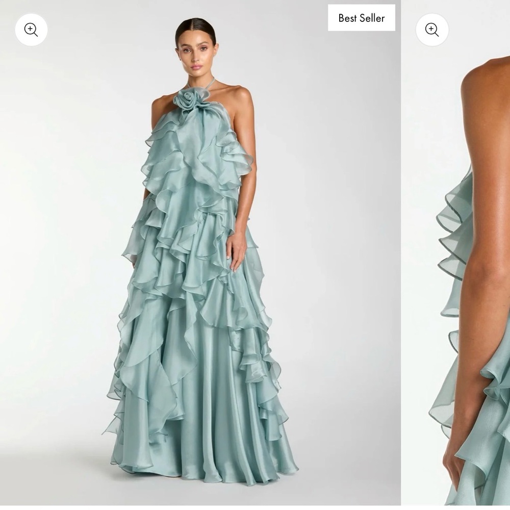 Mac Duggal Blue Halter Neck Open Back Trapeze Ruffle Gown in Mint